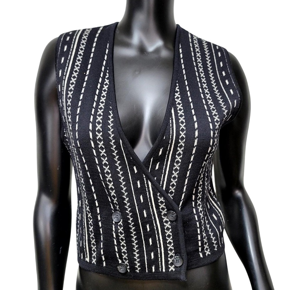 Laurel Escada Black White Wool Knit Vest Geo Striped Double Breasted 34 Layered‎